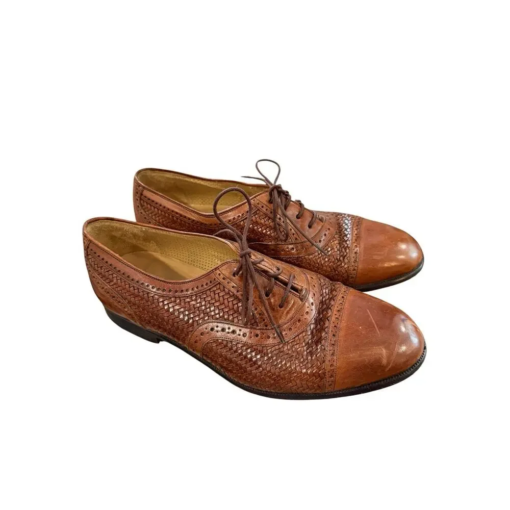Mezlan Men's Woven Brown Leather Cap Toe Oxford Dress Shoes Size 8W Weaved